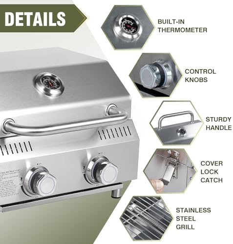 Bestfire Tabletop Gas Grill 2 Burners, 20,000 BTUs Stainless Steel Portable Propane Grill with Legs for Outdoor Patio Backyard Camping, Tailgating, and RV Trips