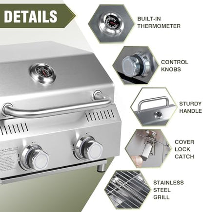 Bestfire Tabletop Gas Grill 2 Burners, 20,000 BTUs Stainless Steel Portable Propane Grill with Legs for Outdoor Patio Backyard Camping, Tailgating, and RV Trips