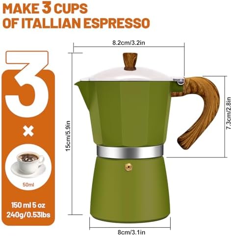 3 Cup Aluminum Espresso Stovetop Moka Pot Express Coffee Maker Percolator Italian Classic Mocha Coffee Machine for Italian and Cuban Cafe Brewing for Home & Camping 150ml 5oz