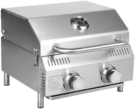Bestfire Tabletop Gas Grill 2 Burners, 20,000 BTUs Stainless Steel Portable Propane Grill with Legs for Outdoor Patio Backyard Camping, Tailgating, and RV Trips