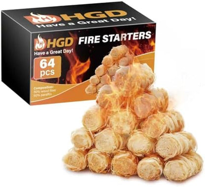 HGD Natural Fire Starters (64 Pcs) - Waterproof & Odorless Charcoal Starters for Fireplace, Campfire, BBQ, Grill, Fire Pit, Wood & Pellet Stove, Chimney, Pizza Oven & Smoker - Indoor & Outdoor Use