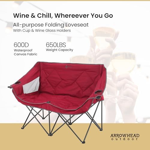 ARROWHEAD OUTDOOR Portable Folding Double Duo Camping Chair Loveseat w/ 2 Cup & Wine Glass Holder, Carrying Bag, Supports up to 500lbs