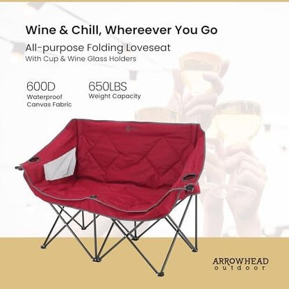 ARROWHEAD OUTDOOR Portable Folding Double Duo Camping Chair Loveseat w/ 2 Cup & Wine Glass Holder, Carrying Bag, Supports up to 500lbs