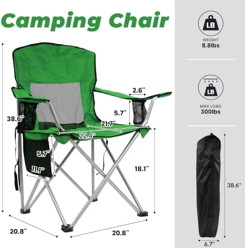 HULKFIT 2 Pack Folding Camping Chair,Heavy Duty Portable Outdoor Beach Chair for Adults with Breathable Mesh Back, Cup Holder & Carry Bag,Ideal for Backyard, Tailgating, Hiking & Travel,Grass Green