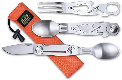 Outdoor Edge ChowPal - Mealtime Multitool with Folding Knife, Fork, Spoon, Bottle Opener, Can Opener, Graduated Wrench, and Screwdriver - 100% Stainless Steel Construction with Nylon Storage Pouch