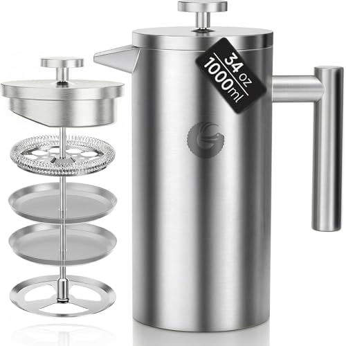 Coffee Gator French Press Coffee Maker 34 oz, Non-Toxic, Silver