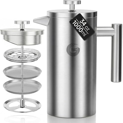 Coffee Gator French Press Coffee Maker 34 oz, Non-Toxic, Silver