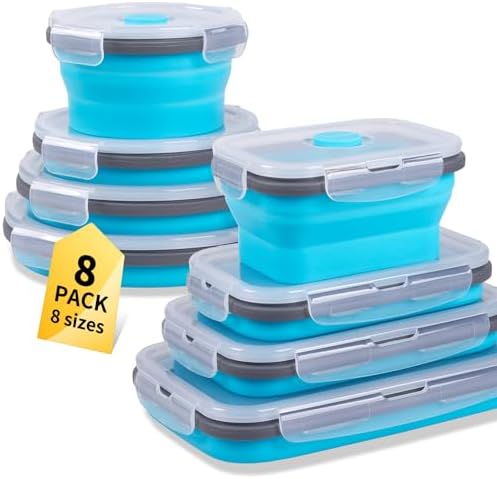 8 Pack Collapsible Food Storage Containers with Lids, Silicone Collapsible Food Containers, Collapsible Storage Containers Sets for Snack Camping RV, Microwave Freezer Dishwasher Safe, Blue