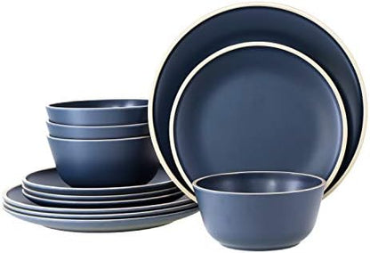 Melamine Dinnerware Sets for 4, Plates and Bowls Sets 12 Pcs, Melamine Plates, Nautical Dinnerware Sets, Modern Style,Dishwasher Safe, BPA Free, Suitable Indoor and Outdoor Use (Deep Blue)