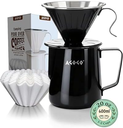 AGOGO Stainless Pour Over Coffee Maker Set, 50 Paper Filters, 20oz, Black