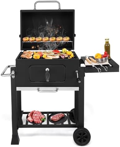 45.6" Portable Charcoal Grill,Metal Outdoor Barbecue Smoker,Heavy Duty Outdoor BBQ Grill,Vertical Camping Barbecue Grill,with Foldable Side Table & Wheels,for Garden Patio Beach Backyard (Black)