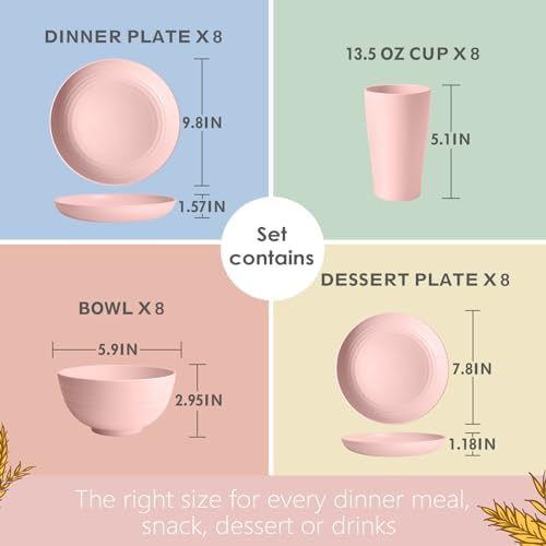 Teivio 32-Piece Plates and Bowls Sets for 8, Pink Kitchen Dinnerware Sets