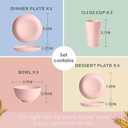 Teivio 32-Piece Plates and Bowls Sets for 8, Pink Kitchen Dinnerware Sets