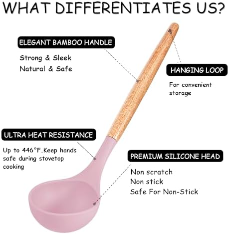 MIBOTE Silicone Cooking Kitchen Utensils Set, Wooden Handle, Pinky