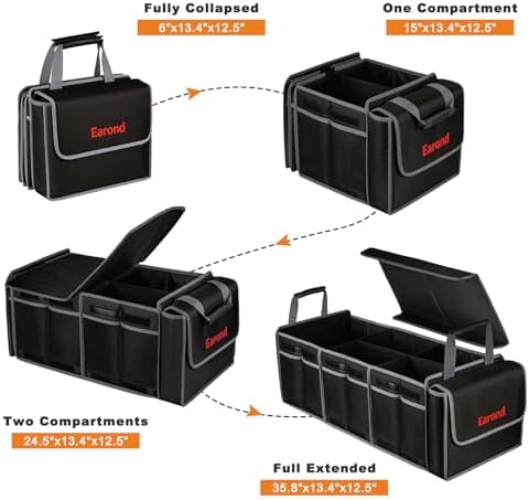 Collapsible Trunk Organizer with Insulated Leakproof Cooler Bag,Removable Lid,Adjustable Securing Straps,3 Compartments Trunk Organizer for SUV,Truck,Sedan(Grey & Black)