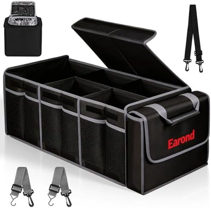 Collapsible Trunk Organizer with Insulated Leakproof Cooler Bag,Removable Lid,Adjustable Securing Straps,3 Compartments Trunk Organizer for SUV,Truck,Sedan(Grey & Black)