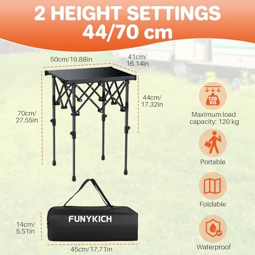 FUNYKICH Folding Camping Square Table, 2 Height Adjustable 17.3'' & 27.6''