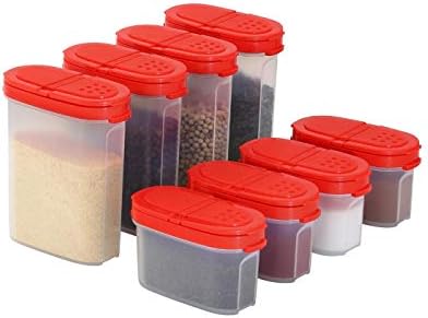 SIGNORA WARE Spice Jars with Lids -8 and 4 oz Refillable Empty Airtight Spice/Seasoning Containers Set -2 in 1 Pour/Sift Shaker Lids Clear Plastic Spice/Seasoning Organizer Kitchen/Travel 8 pk.Red