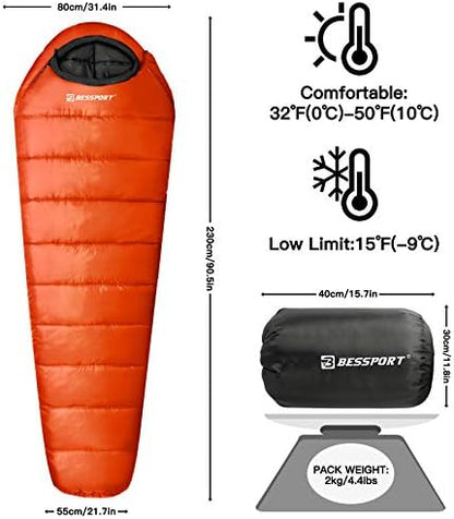 Bessport Mummy Sleeping Bag | 15-45 ℉ Extreme 3-4 Season Sleeping Bag for Adults Cold Weather– Warm and Washable, for Hiking Traveling & Outdoor Activities