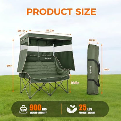 Double Camping Chair with Canopy Heavy Duty 2 Person Folding Loveseat Beach Chair with Shade High Back Oversized Outdoor Camping Couch with Cup Holders & Wine Racks for Lawn, Sports, Green