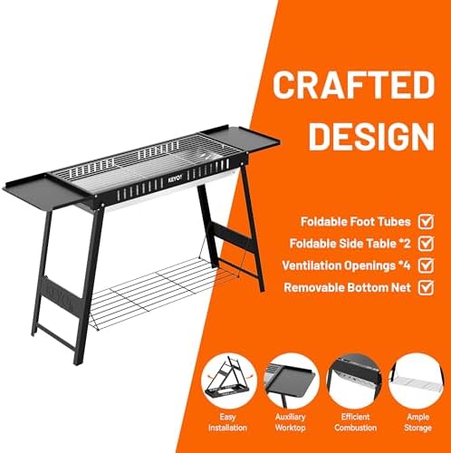 KEYO GRILL Foldable Charcoal Grill, Portable Camping Charcoal Grill with Carry Bag & Side Tables, Compact Folding BBQ Grill for Camping, Tailgating, Beach, Picnic