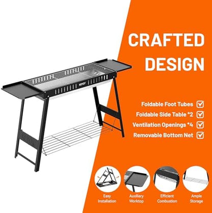 KEYO GRILL Foldable Charcoal Grill, Portable Camping Charcoal Grill with Carry Bag & Side Tables, Compact Folding BBQ Grill for Camping, Tailgating, Beach, Picnic