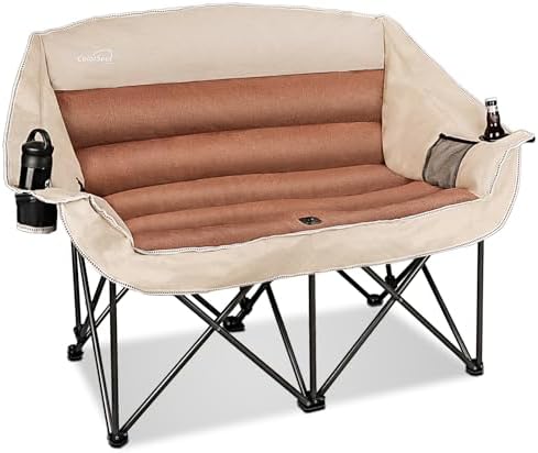 Double Folding Camping Chair Fully Padded Loveseat Camping Couch Oversized 2 Person Lawn Chair Sofa w/Cup Holder,Wine Glass Holder,Mesh Storage for Patio Picnic Beach,Support 600lbs,Cream