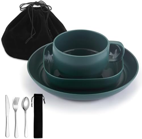 Camping Utensils Set, ReaNea Camping Plates and Bowls Set with Coffee Mug, Travel Cutlery Set Include Spoon, Fork, Knife for Home, Poolside, Outdoor, Picnic, Camp