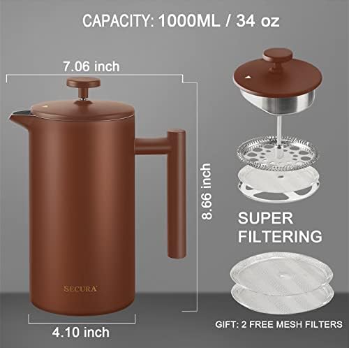 Secura French Press Coffee Maker, 304 Grade Stainless Steel Insulated Coffee Press with 2 Extra Screens, 34oz (1 Litre), Coffee (Pack of 2)