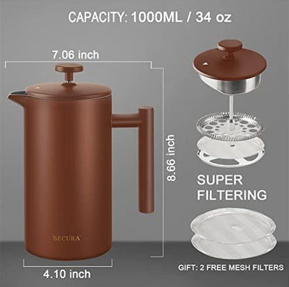 Secura French Press Coffee Maker, 304 Grade Stainless Steel Insulated Coffee Press with 2 Extra Screens, 34oz (1 Litre), Coffee (Pack of 2)