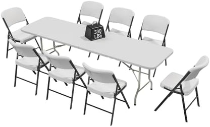 HULKFIT Portable 8-Piece Folding Table and Chairs Set, Heavy Duty 8ft Camping & Party Furniture for Indoor Outdoor Events, White