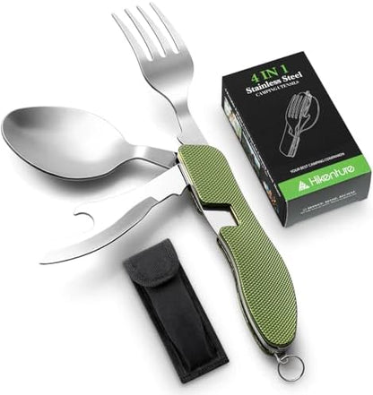 Hikenture Camping Utensils, 4-in-1 Stainless Steel Fork Spoon Knife Set