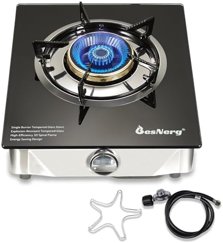 1 Burner Propane Gas Stove with Auto Ignition, 14500 BTU High-Efficiency Heavy-Duty Tempered Glass Cooktop, CSA Regulator & Hose Included, for Outdoor Camping Emergency