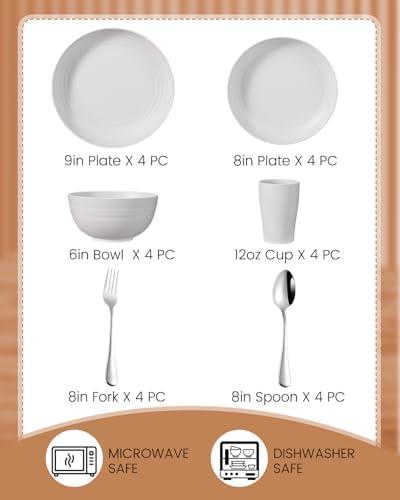 24 Pcs Wheat Straw Dinnerware Set- Picnic & Camping- Unbreakable & Reusable- Includes 4x 9in Plates, 4x 8in Plates, 4x 6in Bowls, 4 Cups, 4 Stainless Steel Forks and Spoons- Kitchen, Dorm, Office