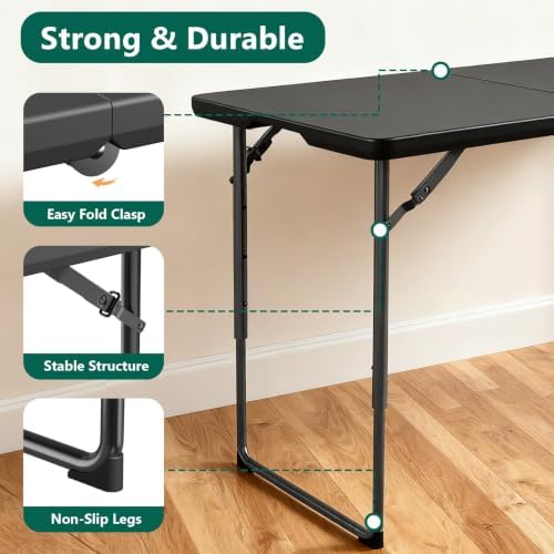 Folding Table 6 Pack, 4FT Folding Table with Adjustable Height, Black