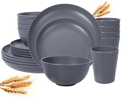 LIYH 16pcs Wheat Straw Dinnerware Sets - Unbreakable Dinnerware Sets for 4, Plastic Plates and Bowls Set Reusable Tableware Plates Dishes Set for 4 Dark Grey 8 Plate 4 Bowls 4 Cups