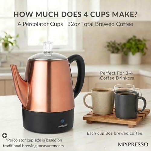 Mixpresso 4 Cup Copper Small Electric Percolator Coffee Pot Stainless Steel