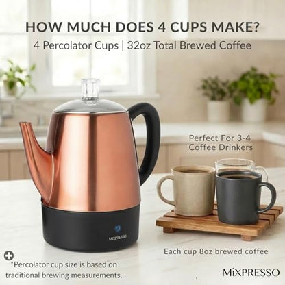 Mixpresso 4 Cup Copper Small Electric Percolator Coffee Pot Stainless Steel