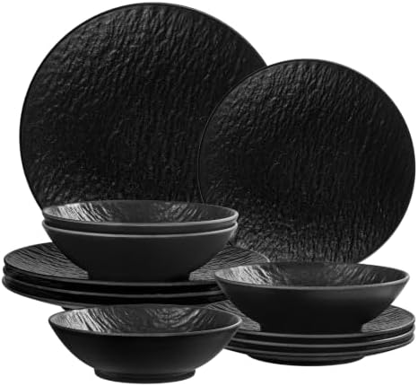 Unbreakable Melamine Dinnerware Sets 12 Pcs, Plates and Bowls Set for 4 with Hammered Textured Matte Finish, for Everyday Use Outdoor Camping RV Farmhouse, Dishwasher Safe BPA Free, Black