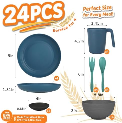 Wrova Plates and Bowls Sets for 4, 24-Piece Wheat Straw Dinnerware Sets