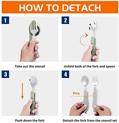 HIKENTURE Camping Utensils 2 Pack, 4-In-1 Spoon Fork Knife Set(Green 2pack)
