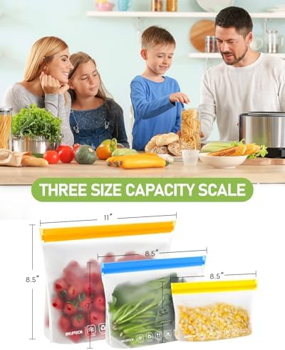 IDEATECH 24Pack Reusable Food Freezer Bags Dishwasher Safe, Leakproof Storage Contaizers, Reusable Bags Various Size for Food Storage, BPA Free Resealable Baggies(8Gallon 8Quart 8Snack,Colored)