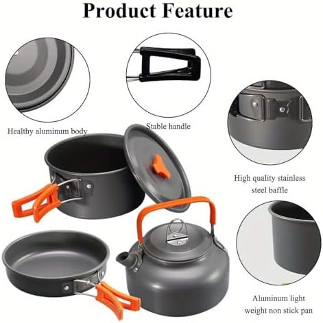 Portable Camping Cookware Set- Lightweight Aluminum Pot, Pan & Kettle with Foldable Handles for Backpacking, Hiking & Outdoor Cooking - Non-Stick, Space-Saving for 2-3 People