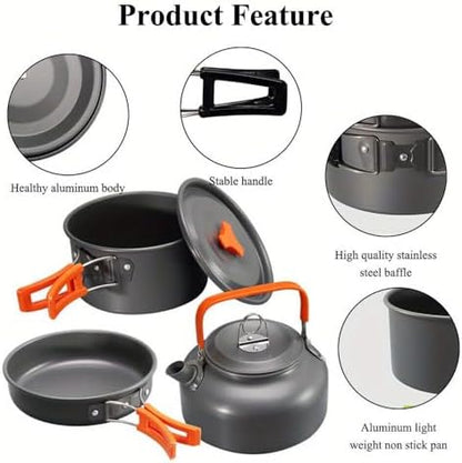 Portable Camping Cookware Set- Lightweight Aluminum Pot, Pan & Kettle with Foldable Handles for Backpacking, Hiking & Outdoor Cooking - Non-Stick, Space-Saving for 2-3 People