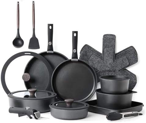 SENSARTE 24 Piece Nonstick Detachable Handle Pots and Pans Set Black