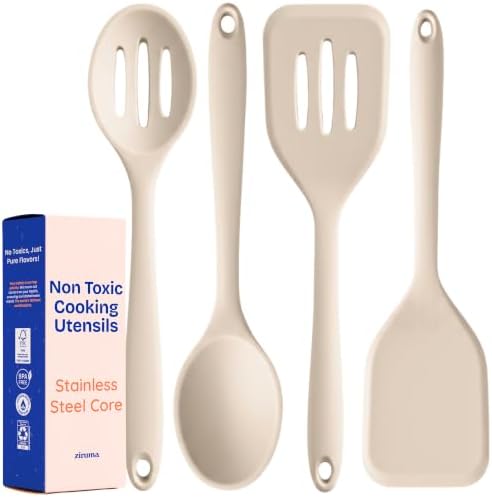 NonToxic Platinum Silicone Utensils, 100% Plastic-Free, 4-Pcs, Beige
