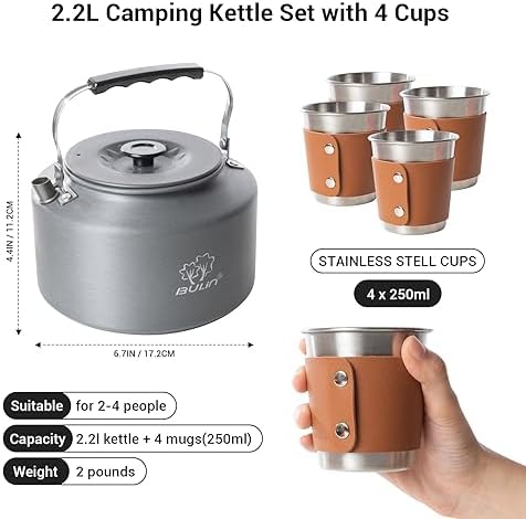 Bulin Camping Kettle, 2.2L Large Portable Camp Tea Coffee Pot With 4 Cups