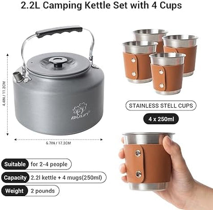 Bulin Camping Kettle, 2.2L Large Portable Camp Tea Coffee Pot With 4 Cups