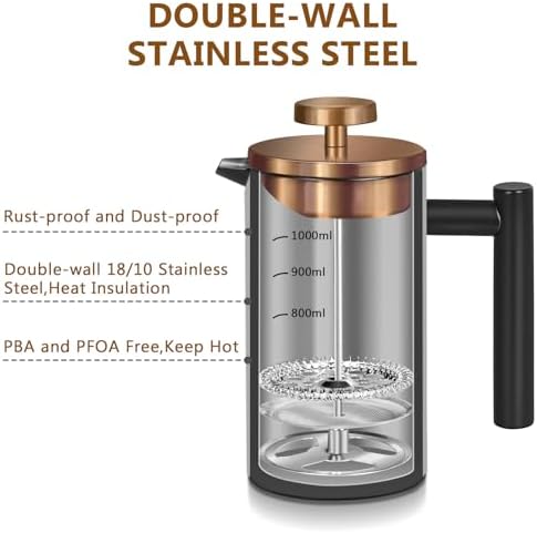 Black Large French Press Coffee Maker 50oz, Double Wall Insulated French Press Stainless Steel,for Coffee&Tea,with 3 Extra Screens and a Coffee Spoon, 50oz/1500ml, Gold