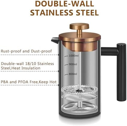 Black Large French Press Coffee Maker 50oz, Double Wall Insulated French Press Stainless Steel,for Coffee&Tea,with 3 Extra Screens and a Coffee Spoon, 50oz/1500ml, Gold